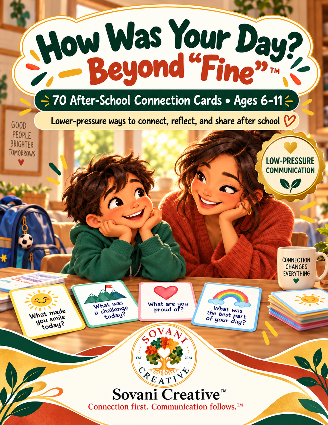 How Was Your Day? Beyond “Fine”™ cover — 70 after-school connection cards for ages 6–11, showing a child and caregiver smiling at a table with conversation cards