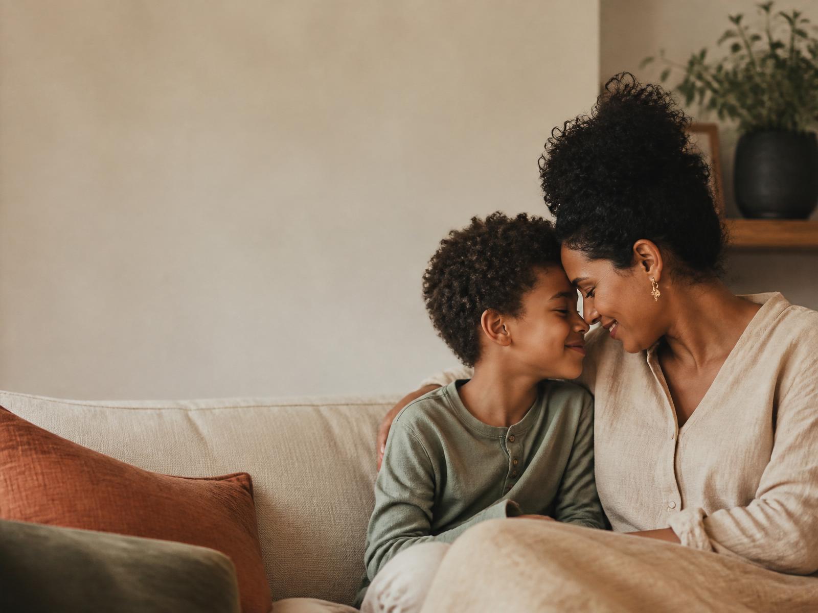 A mother and child resting foreheads together in a warm, sunlit living room